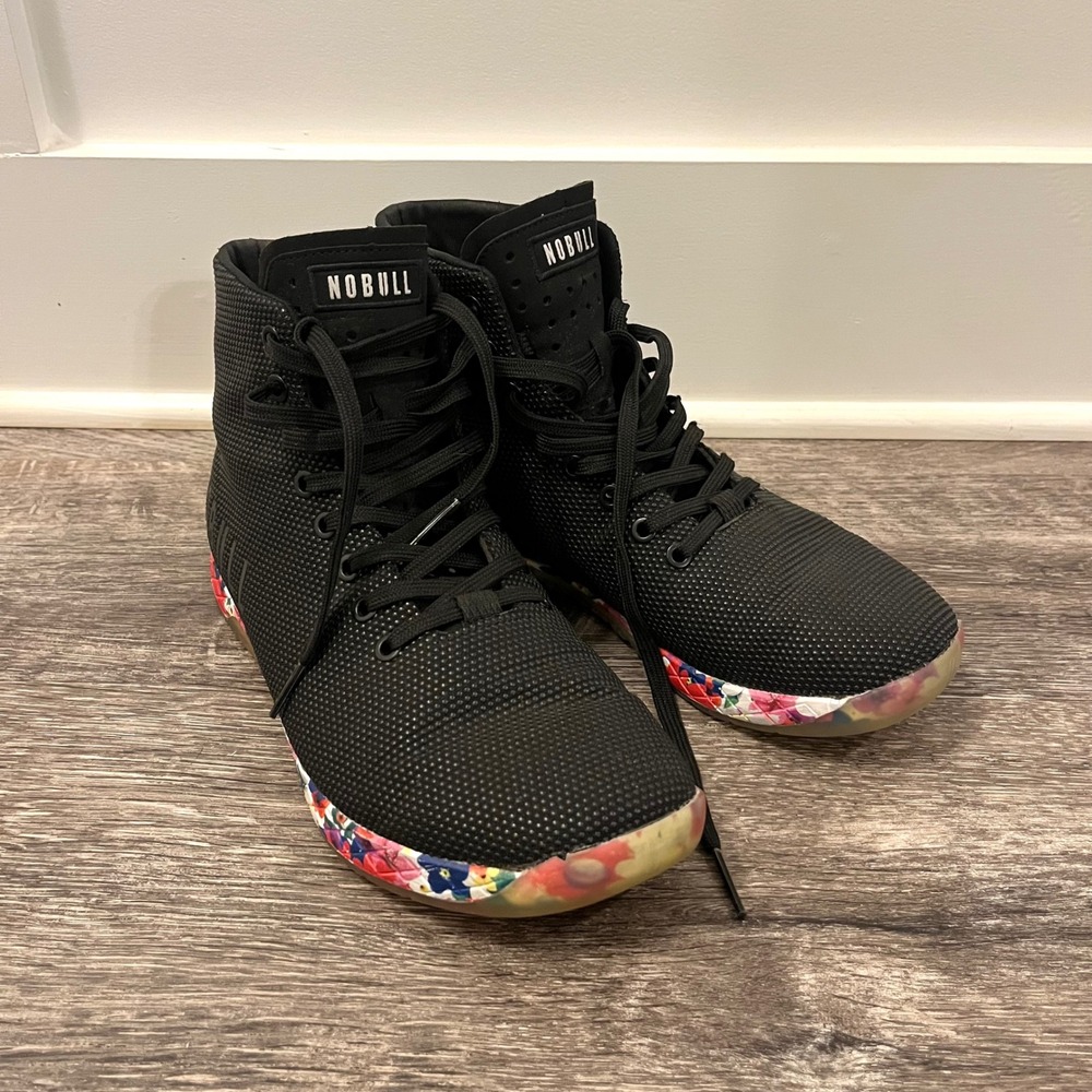 NOBULL Black Daisy Floral SuperFabric High-Top Trainer Shoes in Size 9.5